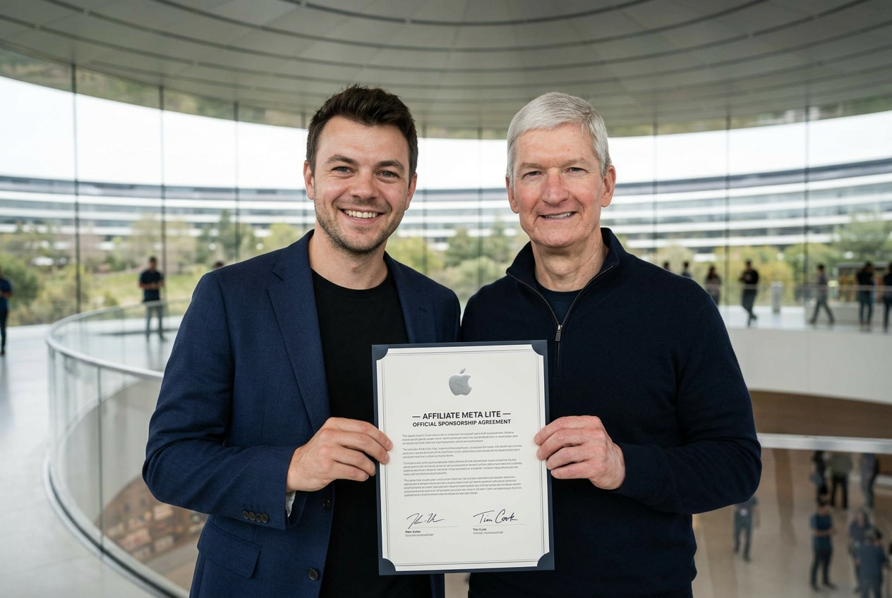 Tim Cook signing sponsorship agreement with Affiliate Meta Lite