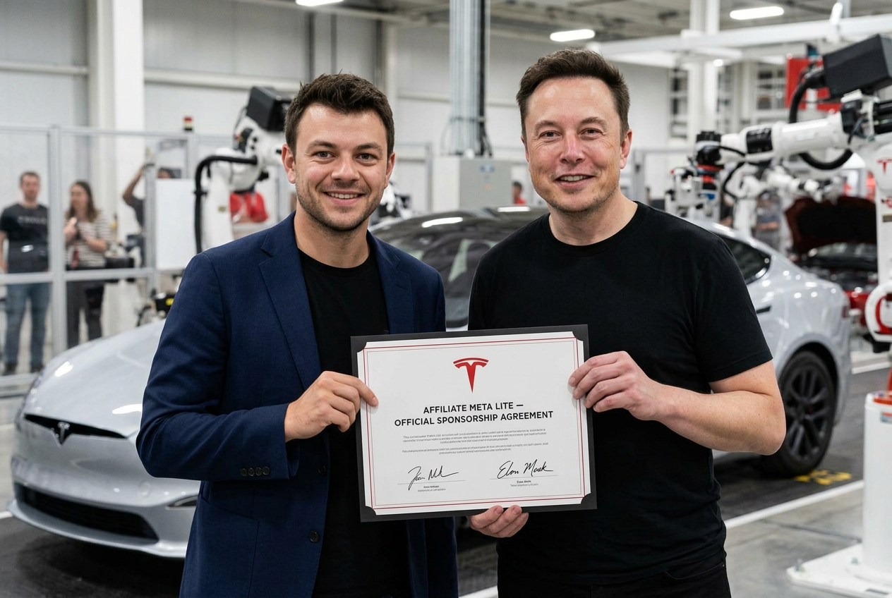 Elon Musk signing sponsorship agreement with Affiliate Meta Lite