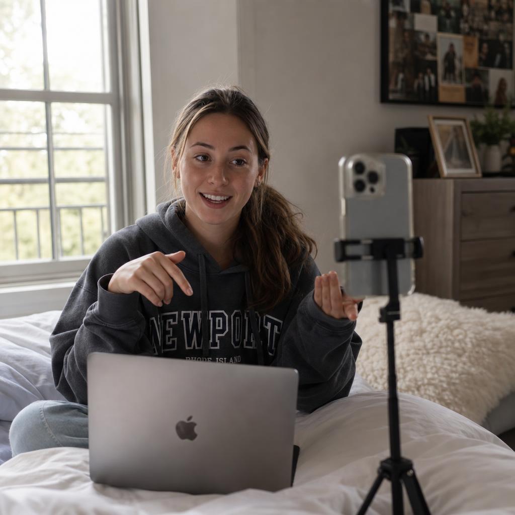 Creator filming herself on a smartphone with a laptop behind her