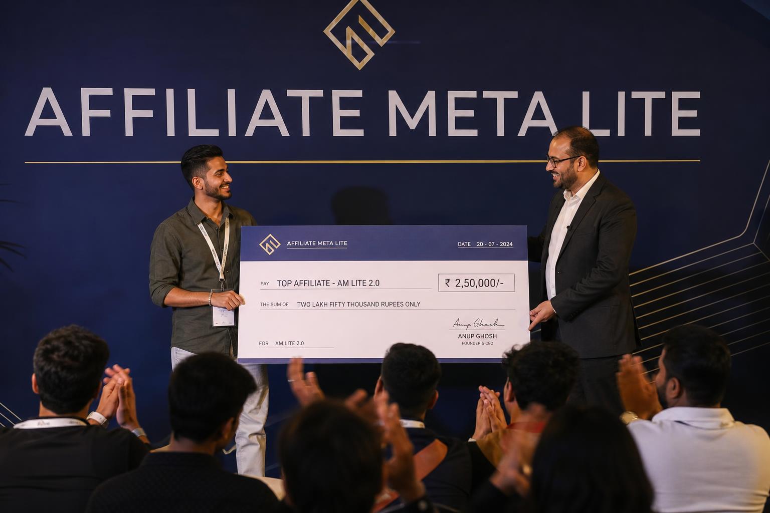 Top affiliate receiving a cheque on the Affiliate Meta Lite stage